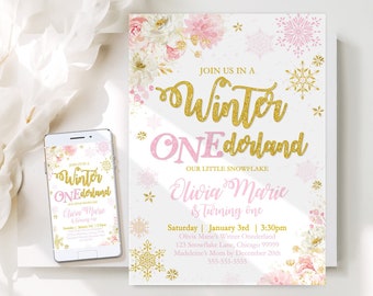 EDITABLE Winter ONEderland Invitation Pink & Gold Winter ONEderland Invitation Floral Winter ONEderland Party Instant Download Corjl WL1