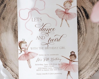 May include: A birthday invitation featuring watercolor illustrations of ballerinas in pink tutus. The invitation reads "Let's dance and twirl with the birthday girl." The invitation is on a white background and is placed on a wooden plate.