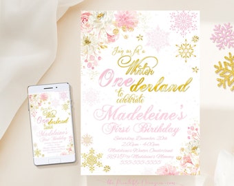 Winter ONEderland Invitation Template Pink & Gold Winter ONEderland Invitation Floral Winter ONEderland Party Instant Download Corjl WL1