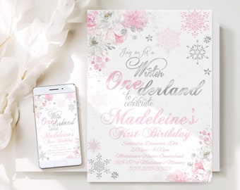 Girl's Pink Silver Winter ONEderland Invitation Template Winter ONEderland Birthday Party Invitation Winter ONEderland Instant Download WL2