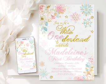 WINTER ONEderland Invitation Pink Gold Teal Winter ONEderland Invitation Winter Blue ONEderland Party Instant Download Editable Corjl WL4