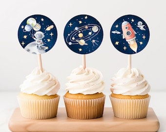 Outer Space Birthday Cupcake Toppers First Trip Around the Sun Favor Tags Space Birthday Planets Galaxy Download Digital Printable SP1