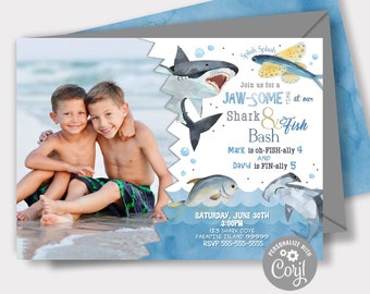 EDITABLE Shark and Fish Invitation, Shark and Fish Birthday Photo Invitation Boy, Shark Fish Birthday Party, Shark Instant Download SHF1