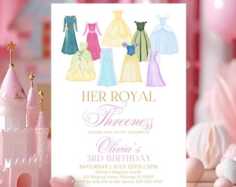 Her Royal Threeness Princess 3rd Birthday Invitation Princess Dress Up Birthday Party Invite Editable Royal Princess Party Invite Canva PD1
