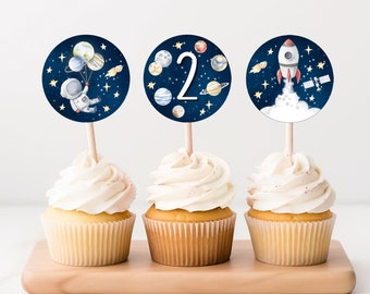 Outer Space Birthday Cupcake Toppers Second Trip Around the Sun Favor Tags Space Second Birthday Two Planets Galaxy Download PRINTABLE SP1