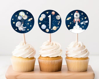 Outer Space Birthday Cupcake Toppers First Trip Around the Sun Favor Tags Space Birthday Planets Galaxy Download Digital PRINTABLE SP1