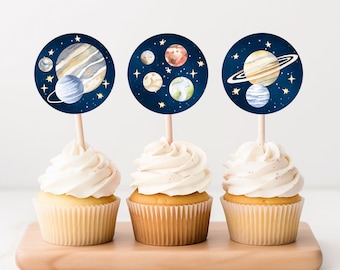 Outer Space Birthday Cupcake Toppers First Trip Around the Sun Favor Tags Space Birthday Planets Galaxy Download Digital Printable SP1