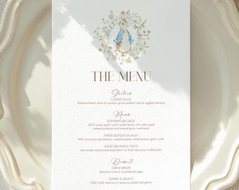Peter Rabbit Easter Brunch Menu Editable Bunny Menu Card Spring Floral Easter Dinner Menu Printable Table Setting Canva Instant Download PR3