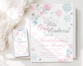 Girls Winter ONEderland Invitation Template First Birthday Pink Teal Silver Printable Winter ONEderland Invitation  ONEderland Download WL5