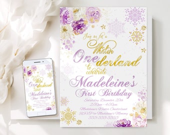 EDITABLE Girl's Winter ONEderland Invitations Girls Purple & Gold Winter ONEderland Invitation Floral Winter ONEderland Instant Download WL6