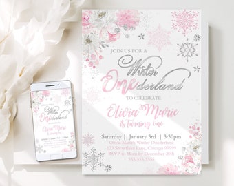 Winter ONEderland Invitation Template Pink & Silver Winter ONEderland Invitation Floral Winter ONEderland Party Instant Download Corjl WL2