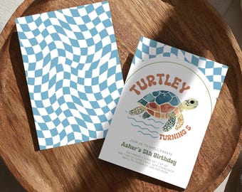 Turtle 5th Birthday Invitation Editable Turtle Birthday Party Under the Sea Pool Party Invite Ocean Animal Summer Birthday Canva Template T1