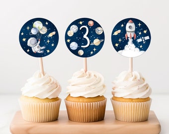Outer Space Birthday Cupcake Toppers Third Trip Around the Sun Favor Tags Space Birthday Planets Galaxy Download Digital PRINTABLE SP1