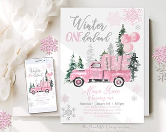 Editable Winter Onederland Winter First Birthday Invitation 1st Winter Trees Pink Girl Silver Truck Christmas Printable Template DIY WL2