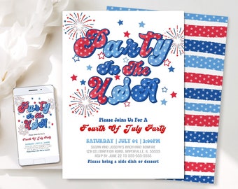 Editable 4th Of July Birthday Party Invitation Retro Groovy Party In The USA Invite Red White And Groovy Birthday Party Instant Download P1