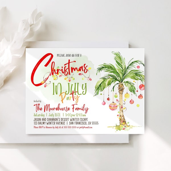 Editable Christmas In July Party Invitation Printable Tropical Christmas Template Holiday Invitation Printable Instant Download TC1