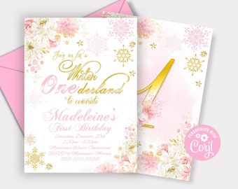 EDITABLE Winter ONEderland Invitation Pink & Gold Winter ONEderland Invitation Floral Winter ONEderland Party Instant Download Corjl WL1