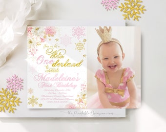 Girls Our Little Snowflake Winter ONEderland Photo Invitation Template Pink Gold First Birthday Winter ONEderland Invitation ONEderland WL1