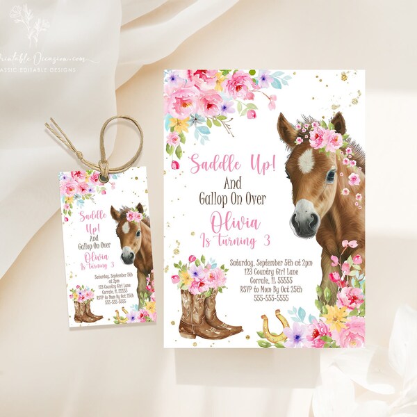 Editable Horse Birthday Invitation Gift Tag Girl Saddle Up Horse Favor Tag Cowgirl Party Horse Invite Floral Printable Template Corjl H1