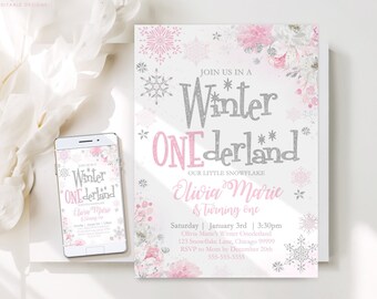 Girl's Winter ONEderland Invitation Template Snowflake First Birthday Pink Silver Winter Wonderland Invites 1st Birthday Download WL2