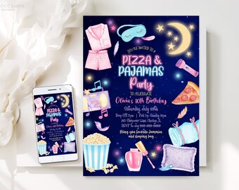 Editable Pizza and Pajamas Birthday Invitation Movie Night Party Girl Pink Teen Tween Slumber Party Digital Corjl Template Printable SO3