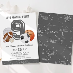 Sports 9th  Birthday Party Invitation Template Editable Sports Ninth Birthday Invitation Printable Sports All Sports Invitation Corjl AS1