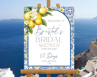 Blue Tiles Lemon Bridal Shower Arched Welcome Sign, Mediterranean Bridal Shower, Italian Arch Bridal Sign Printable Template MT1
