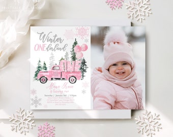 Editable Winter Onederland Winter First Birthday Photo Invitation 1st Winter Trees Pink Girl Silver Truck Christmas Printable Template WL2