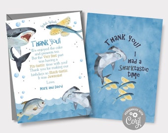 EDITABLE Shark and Fish Thank You Cards Shark and Fish Birthday Party Thank You Cards Shark Party Fish Party Instant Download Corjl SHK SHF1