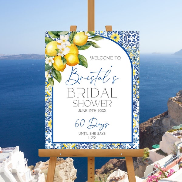 Blue Tiles Lemon Bridal Shower Arched Welcome Sign, Mediterranean Bridal Shower, Italian Arch Bridal Sign Printable Template MT1