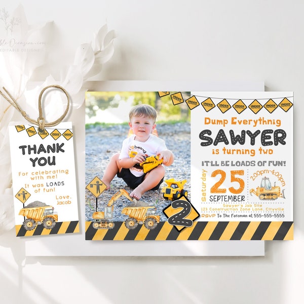 Editable Construction Photo Invitation Construction Birthday Invitations Dump Truck Party Invite Printable Template Digital Download C2