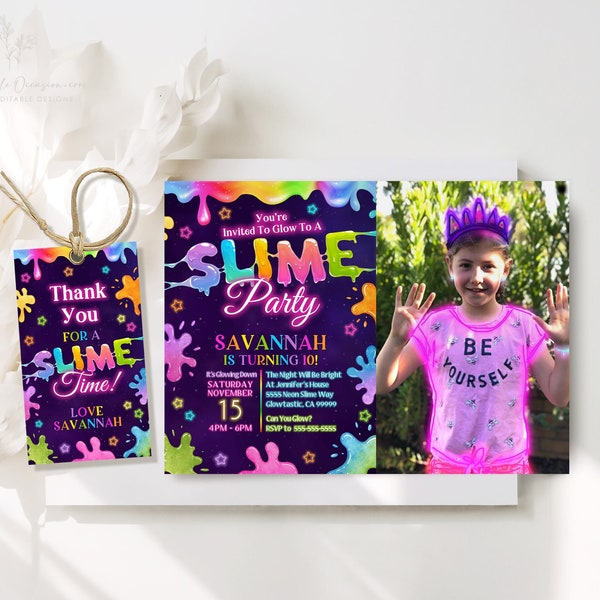 Slime Photo Invitation Editable Glow Slime Party Invitation Template Slime Thank You Tag Neon Printable Slime Birthday Invite Download GS
