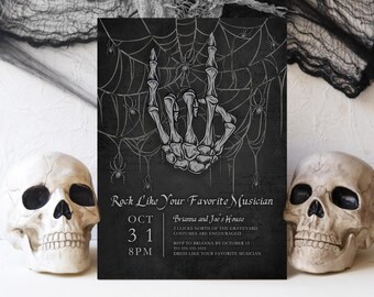 Rock On Skeleton Hand Invitation Editable Halloween Party Invitation Printable Halloween Dance Party Invite Customs & Cocktails Halloween H3