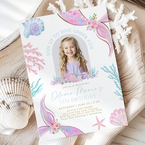 Editable Dive Into Five Photo Birthday Invitation Girl 5th Birthday Mermaid Photo Invite Under The Sea Shellabration Party Canva FM1
