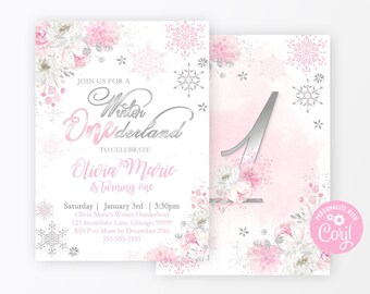 EDITABLE Winter ONEderland Invitation Pink & Silver Winter ONEderland Invitation Floral Winter ONEderland Party Instant Download Corjl WL2