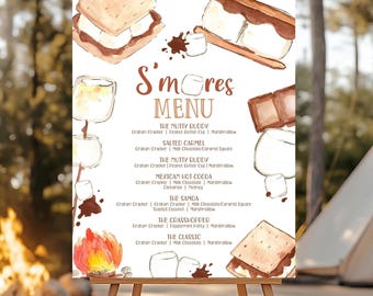 Modèle d'affiche de menu Smore Bar Menu modifiable Smore Bar Sign Station Menu de fête Smore imprimable Décoration de fête Smore Bar Téléchargement instantané Canva SM3