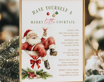 May include: A gold-framed sign with the text "HAVE YOURSELF A MERRY LITTLE COCKTAIL" and a watercolor illustration of Santa Claus in a martini glass. The sign lists cocktail recipes. Festive holiday decor.