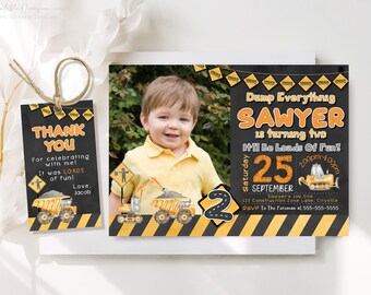 Editable Construction Photo Invitation, Construction Birthday Invitations, Dump Truck Party Invite, Printable template Digital download C2