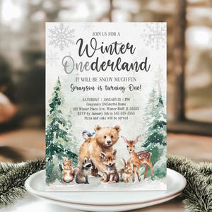 Winter ONEderland Woodland Birthday Invitation Template Editable Gender Neutral Winter ONEderland First Birthday Invite Animals Forest W2