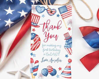 EDITABLE 4th of July Birthday Gift Tag Template Fourth of July 4th Birthday Favor Tag 4th Of July Stars & Stripes Birthday Party Tag P2