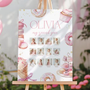 May include: A pink and gold poster on an easel, featuring the name "Olivia" and the phrase "my second year." The poster includes photos of a baby, along with illustrations of donuts, cupcakes, and macarons. Pink balloons are in the background.