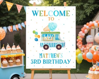 Ice Cream Truck Birthday Welcome Sign Here’s The Scoop Birthday Party Sign Editable Ice Cream Birthday Party Decor Boy Instant Download C3E