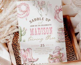 Girls Rodeo Third Birthday Invitation Template Pink Cowgirl 3rd Birthday Party Cowgirl Western Birthday Invite Instant Download Canva CG1