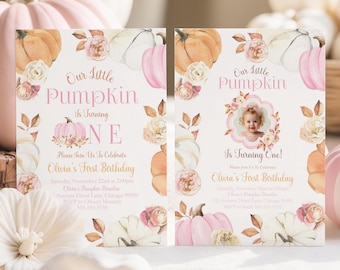 May include: Two rectangular birthday invitation cards featuring watercolor illustrations of pink, white, and orange pumpkins with floral accents. The text reads Our Little Pumpkin Is Turning One, Olivia's First Birthday, and event details.