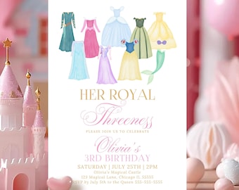 Princess 3rd Birthday Invitation Her Royal Threeness Princess Dress Birthday Invite Editable Princess Party Printable Canva Template PD1