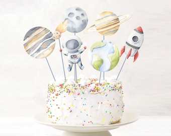 SALE Printable Space Cake Topper Space Centerpieces Space Birthday Party Galaxy Table Decor Boy Astronaut Planets Watercolor Digital SP2