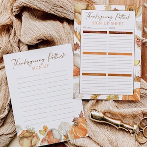 May include: Two Thanksgiving potluck sign-up sheets with fall-themed illustrations of pumpkins, leaves, and gourds. One sheet is blank, the other has categories for appetizers and main dishes. A gold wax seal and coins are also present.