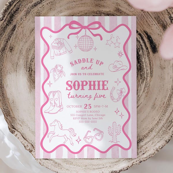 Pink Space Cowgirl Invitation Saddle Up Yee Haw Disco Rodeo Birthday Invite Coquette Bow Girl Western Theme Nashville Party Dance Invite CG3