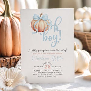 Boys Pumpkin Baby Shower Invitation Template Blue Bow Pumpkin is On The Way Baby Shower Invite Boys Fall Pumpkin Evite Coquette Canva AP3