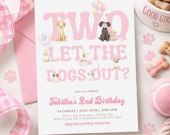 Two Let the Dogs Out Birthday Invitation Puppy 2nd Birthday Invite Girl Editable Dog Birthday Party Template Printable Puppy Pawty Canva HG2